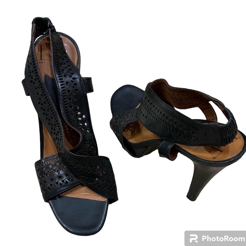 Diane Von Furstenburg Zia Black Leather Laser Criss-Cross Stiletto Sandal Heels
